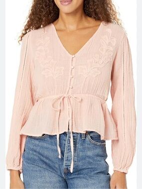 Guess Lensie Long Sleeve Light Pink Cotton Blend Textured Top Size L